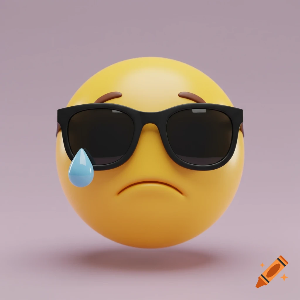A 3D rendering of a sad yellow emoji wearing black sunglasses with a blue tear falling from its left eye.