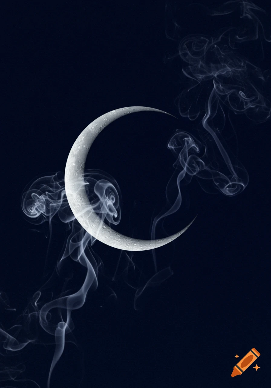 A white crescent moon with a textured surface surrounded by wisps of white smoke against a dark blue background.