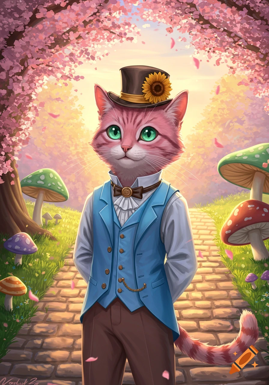 An anthropomorphic pink tabby cat wearing a top hat and blue waistcoat stands on a path in a cherry blossom forest with mushrooms.