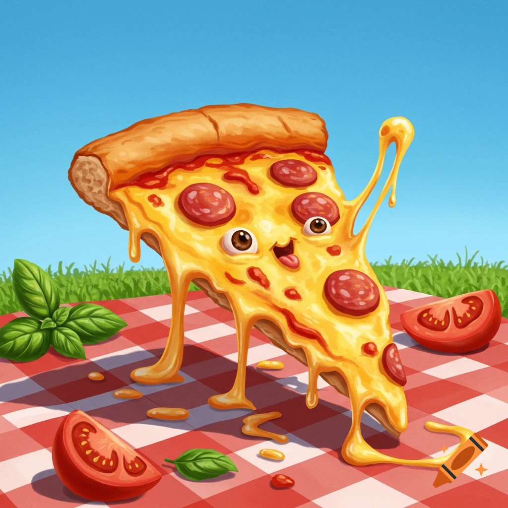 A cute, cartoon slice of pizza with a smiling face and melting cheese on a red and white picnic blanket in a grassy field under a blue sky.