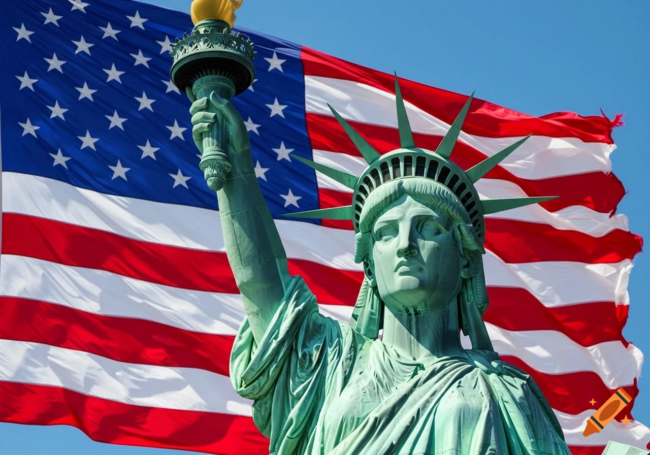 Close-up, photorealistic image of the Statue of Liberty with a large American flag waving behind her against a clear blue sky.