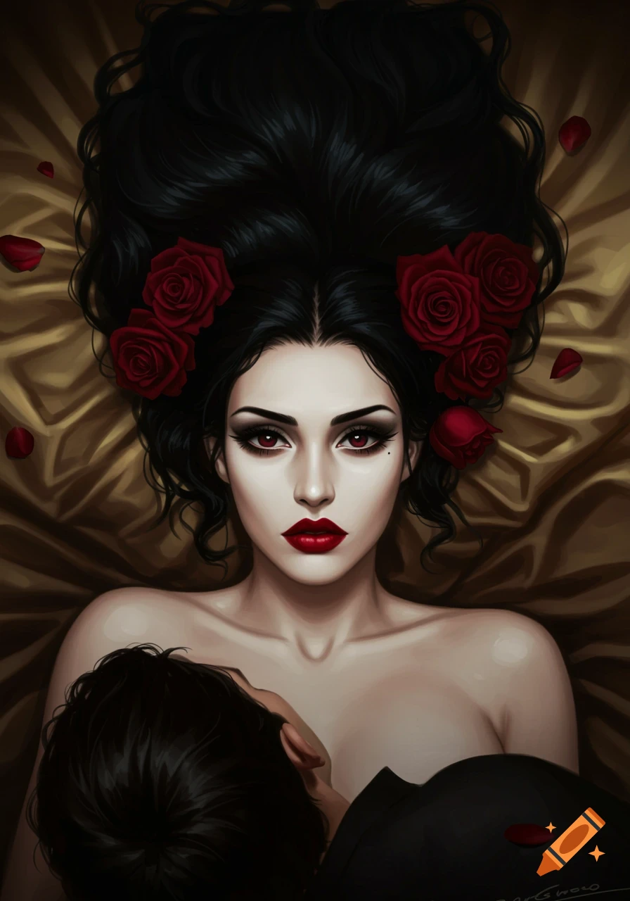 A stylized portrait of a dark-haired woman with red roses in her hair and red lipstick, lying on a gold bed with a man.