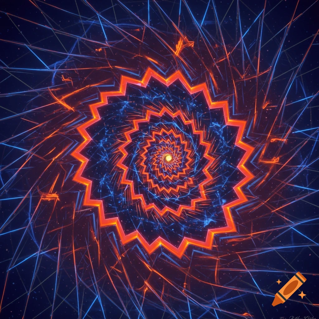 Abstract glowing optical illusion with an orange zigzag spiral and radiating blue lines against a dark background.