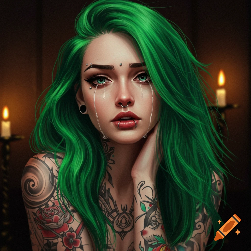 A woman with vibrant green hair, tattoos, and multiple facial and lip piercings, shedding tears, with candlelight in the background.