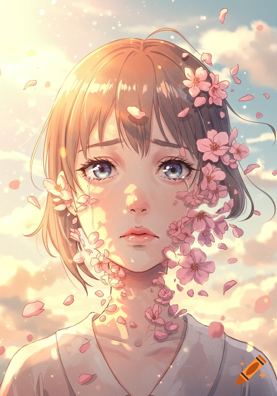 Anime portrait of a melancholy girl crying as her face and hair transform into pink cherry blossoms under a golden sky.