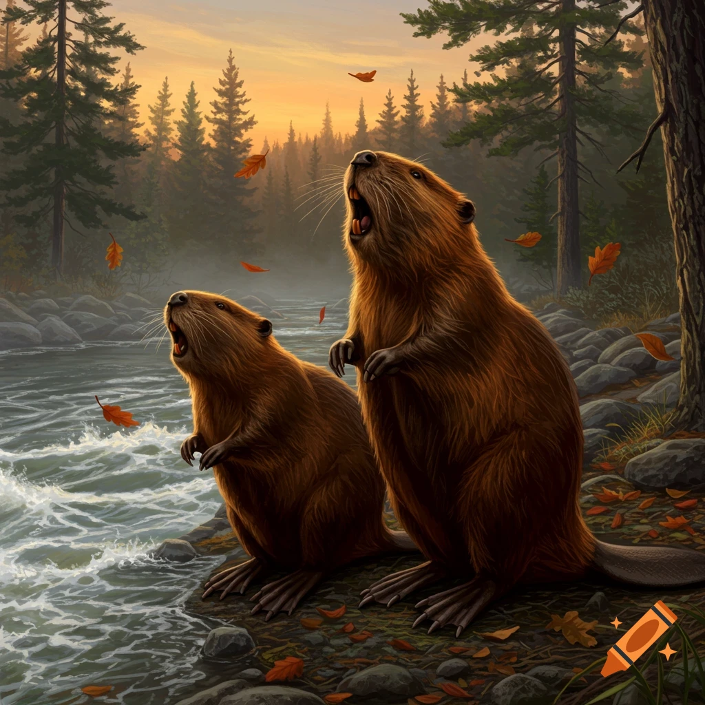 Two beavers stand upright by a rocky river bank in a forest at sunset with autumn leaves falling around them, digital painting.
