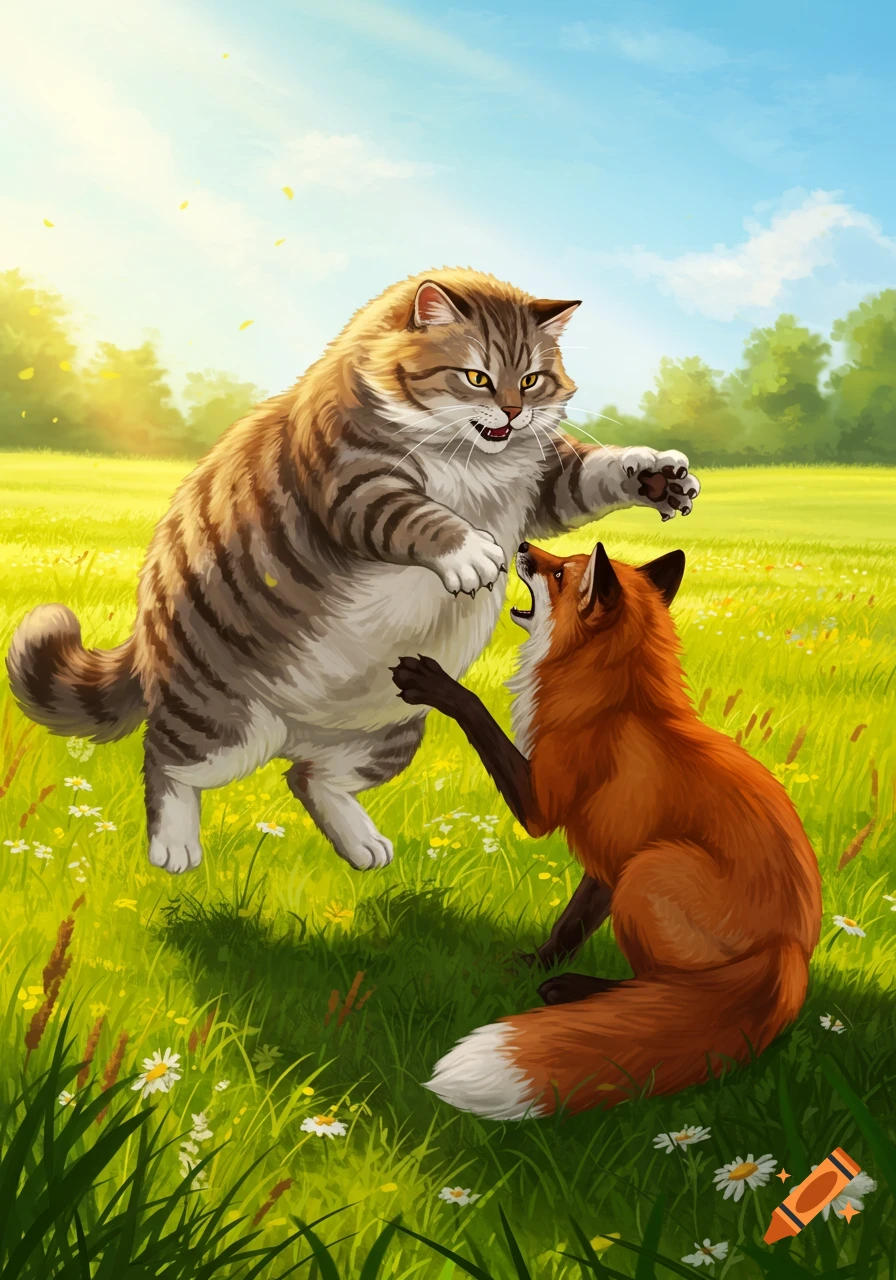 A large, fluffy tabby cat and an orange fox snarl at each other in a sunny green field illustration.