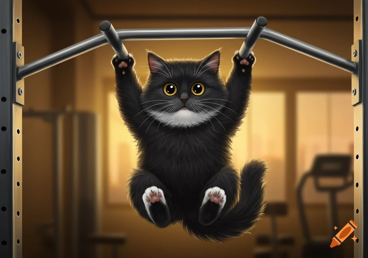 A fluffy black cat with big yellow eyes hangs from a pull-up bar in a gym.