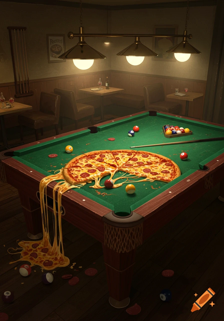 A large pepperoni pizza with melting cheese is spilled across a green pool table in a dimly lit bar, with pool balls scattered.
