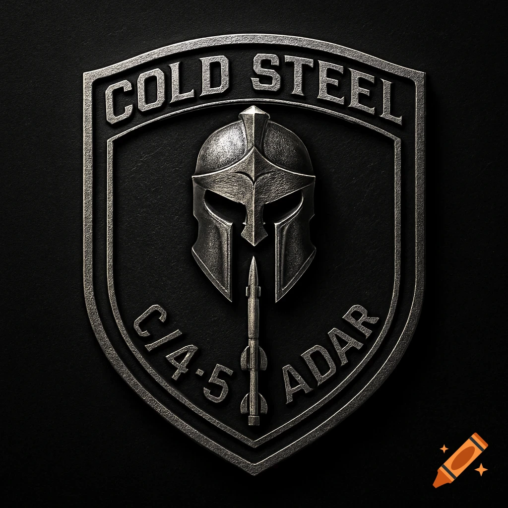 A metallic shield logo featuring a Spartan helmet, a missile, and the words 'COLD STEEL' and 'CI/4-5 ADAR' on a dark background.