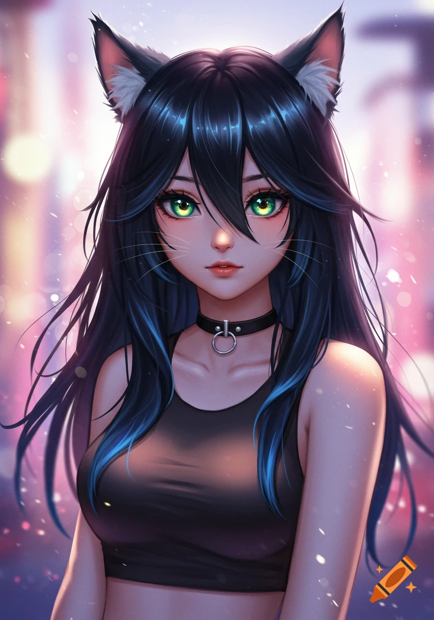 Anime cat girl with black hair and green eyes in a black crop top.