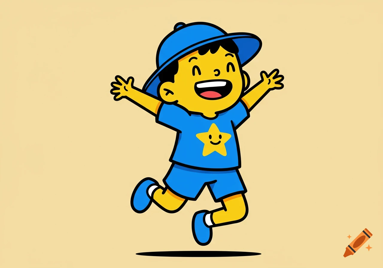 A happy yellow cartoon boy wearing a blue hat and clothes with a smiling star on his shirt jumps.