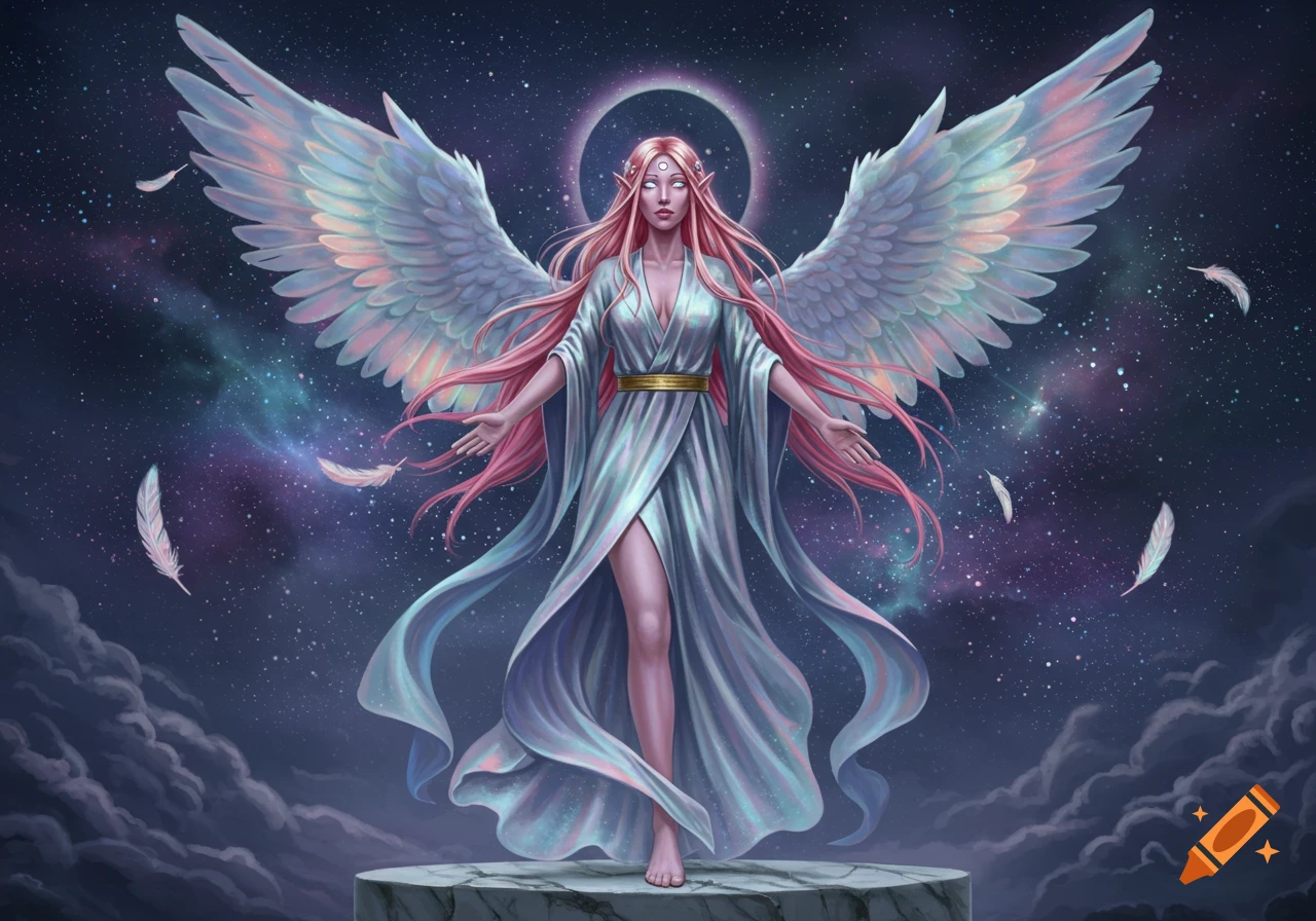 A celestial-looking winged woman with pink hair and glowing eyes stands on a pedestal under a starry night sky with falling feathers.