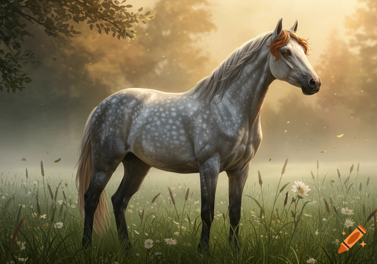 Dappled grey horse with reddish forelock in a misty, golden sunlit meadow with white flowers.