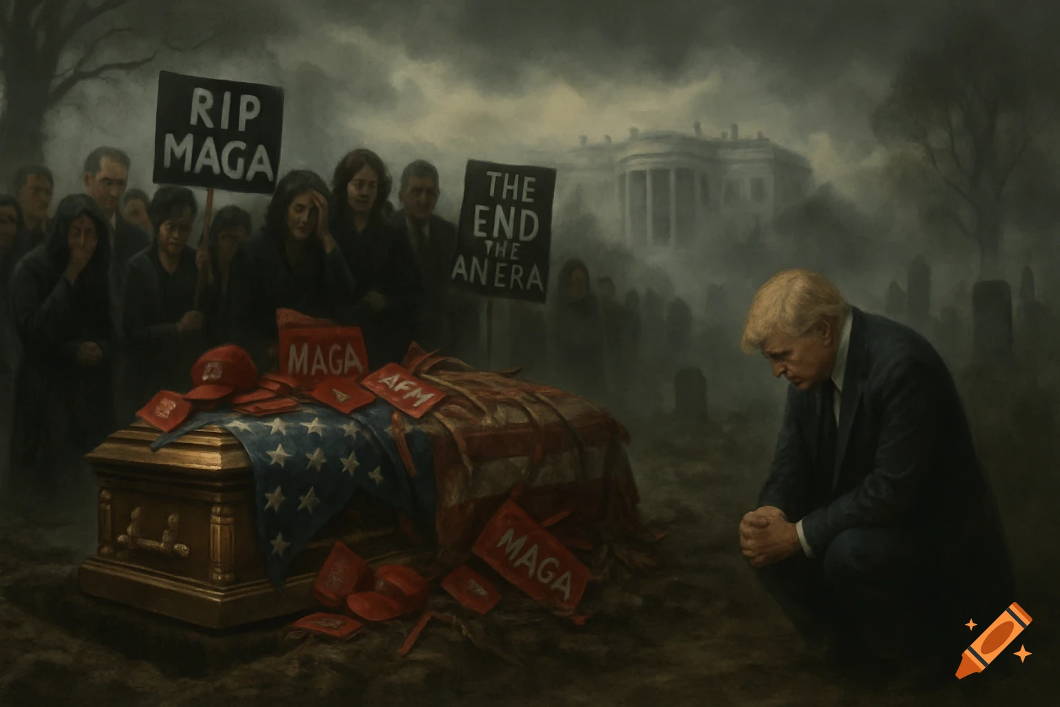 Oil painting of a somber scene with Donald Trump kneeling at a coffin draped in an American flag, surrounded by mourners in a misty cemetery.