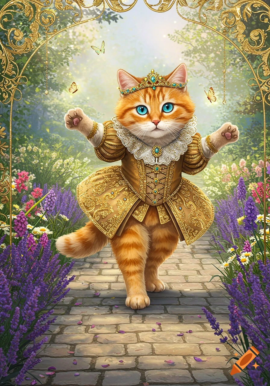 An orange cat in a golden dress and crown stands on a stone path in a vibrant garden under a gold ornate archway.