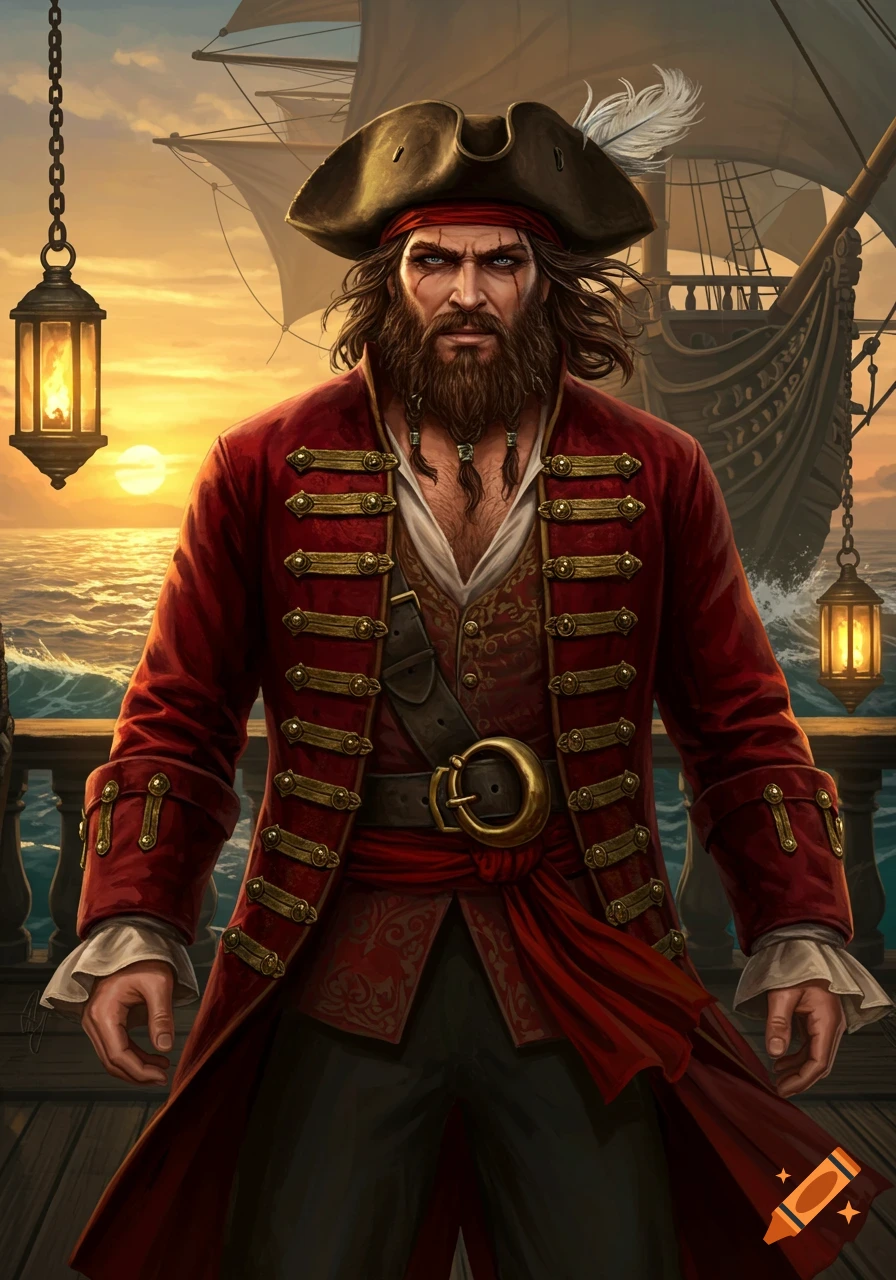 A formidable pirate captain in a red coat stands on a ship's deck at sunset, with a large sailing ship in the background. Digital art.