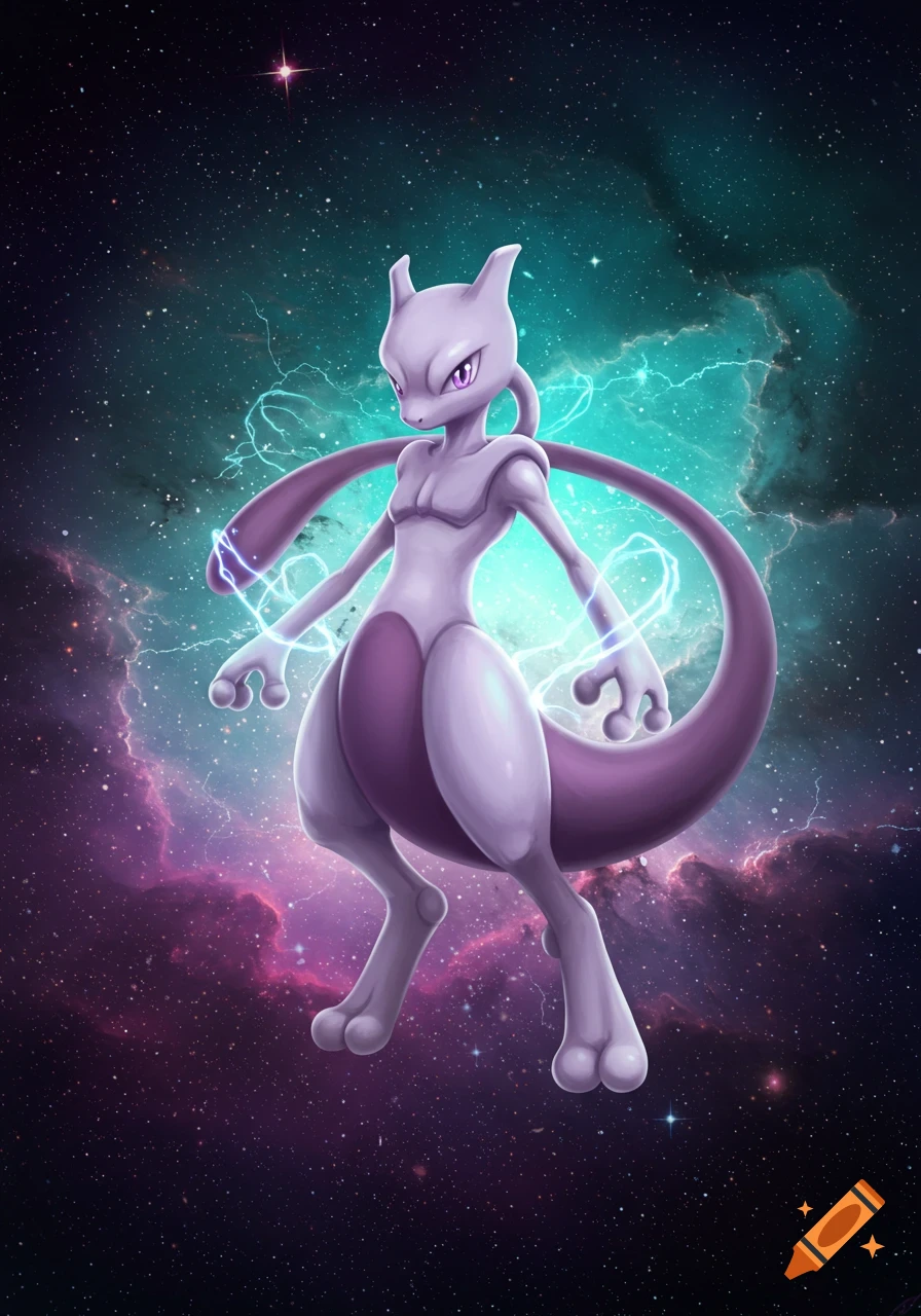 Mewtwo, a purple Pokémon, stands amidst a vibrant purple and teal nebula in space, with glowing energy around its hands.