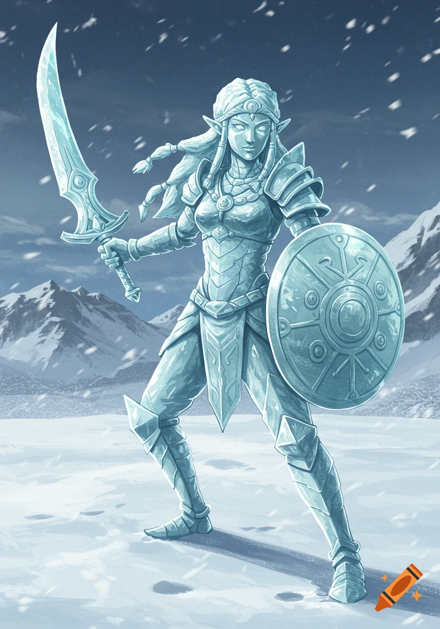 An ice statue of an elf-like female warrior holding a sword and shield in a snowy mountain landscape.