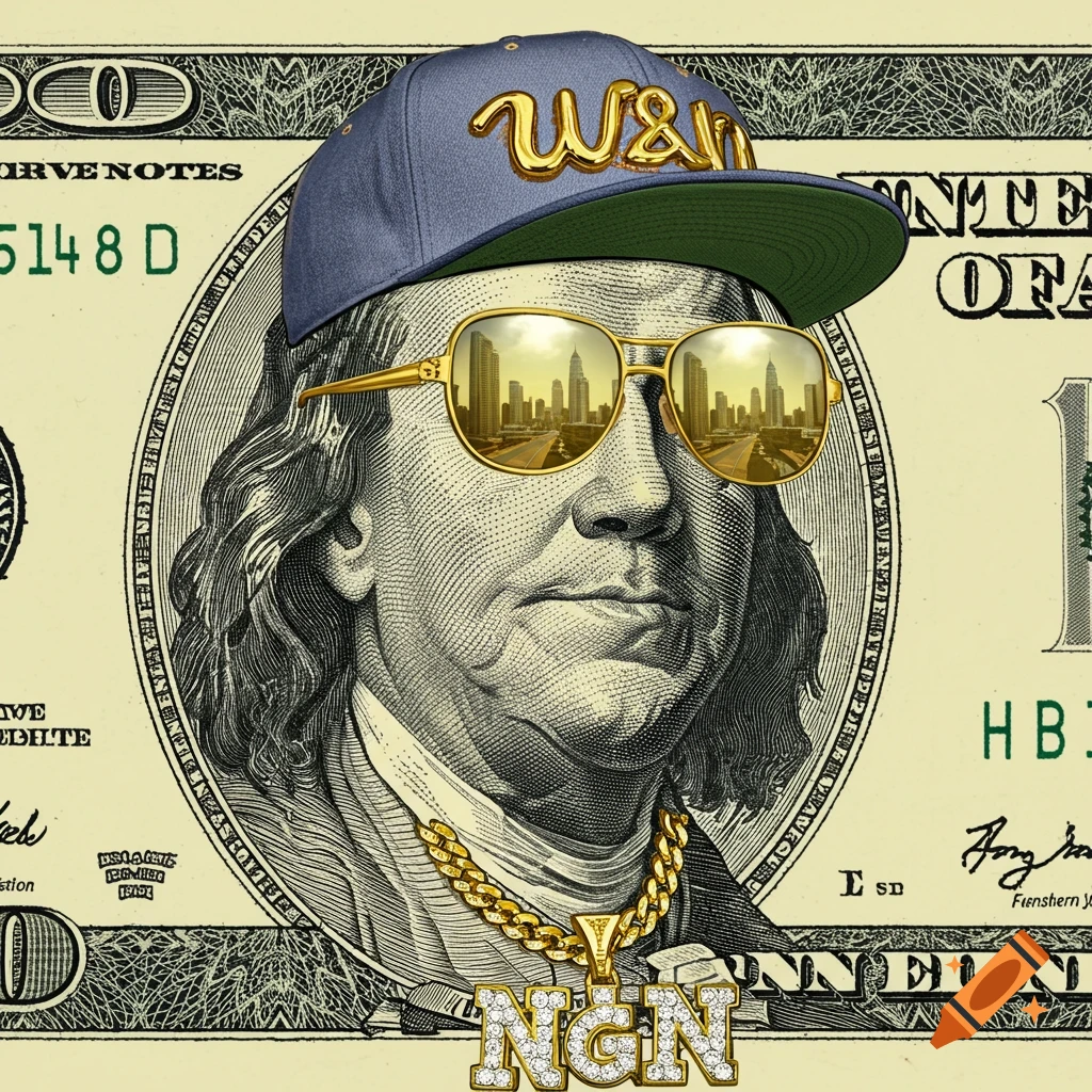 Benjamin Franklin on a 100 dollar bill, wearing a baseball cap, gold chain, and gold sunglasses reflecting a cityscape, styled like a rapper.