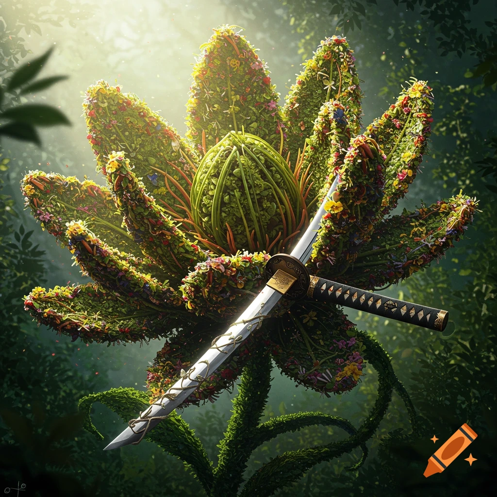 A fantastical multi-floral plant resembling a blooming flower with a katana sword piercing through its center, set in a lush forest.