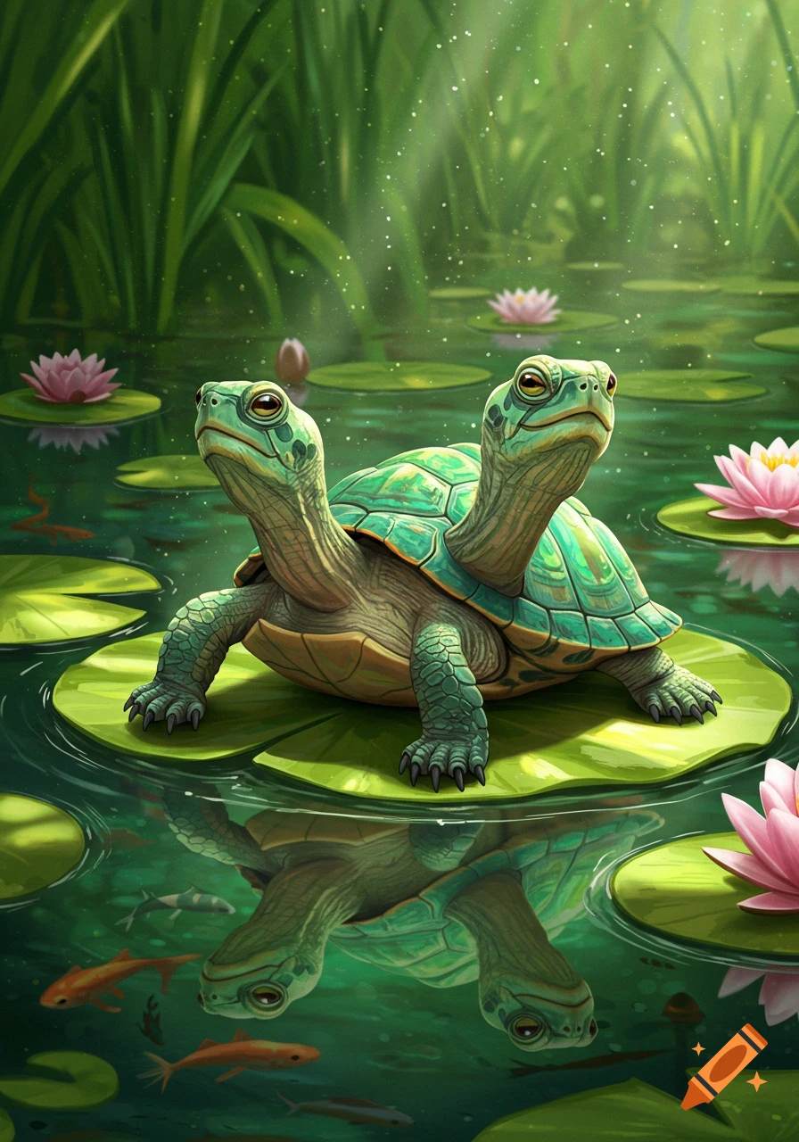 A two-headed green turtle sits on a large lily pad in a lush, green pond with pink water lilies and small fish. Digital art style.