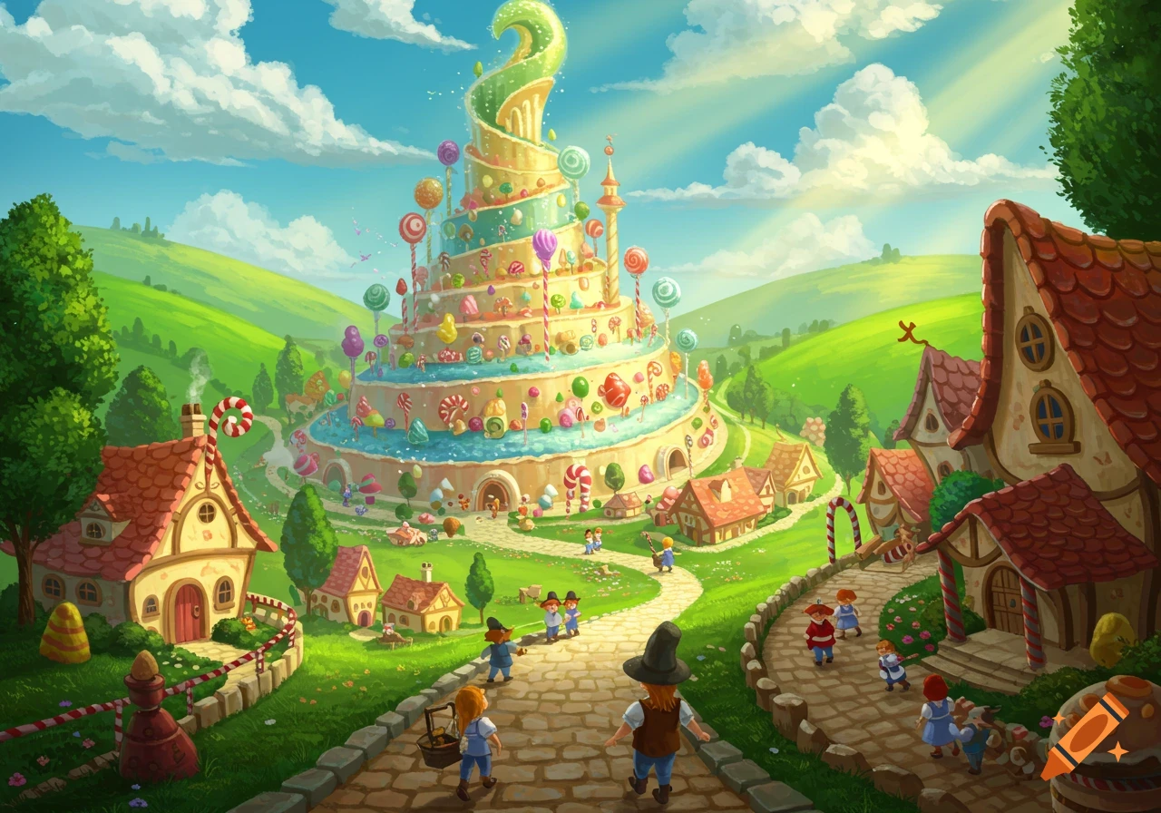 A whimsical candy land with a large cake castle, colorful houses, and small cartoon characters on green hills under a blue sky.