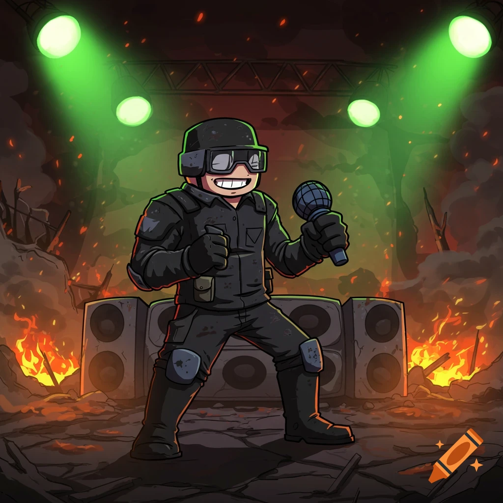 A cartoon character in military gear and sunglasses holds a microphone on a fiery stage under green spotlights.