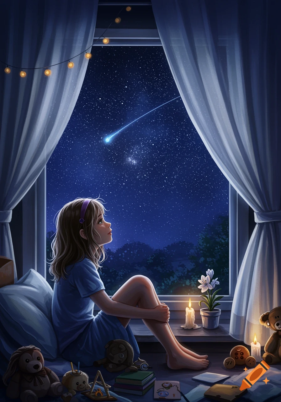 A young girl sits by a window at night, looking up at a bright shooting star in the vast, starry sky.
