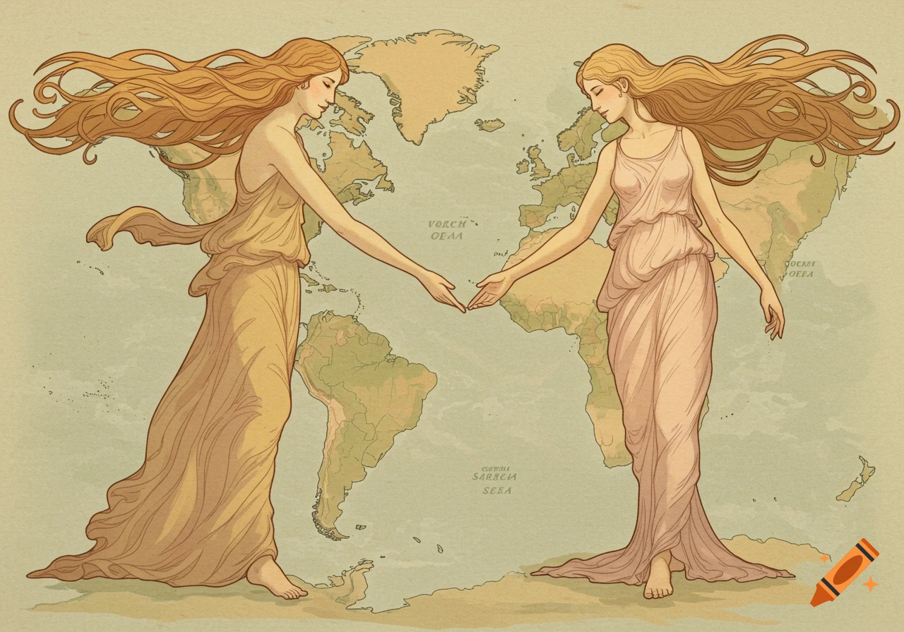 Two women in flowing robes, reminiscent of Art Nouveau style, represent North and South America on a map, reaching out to touch hands.