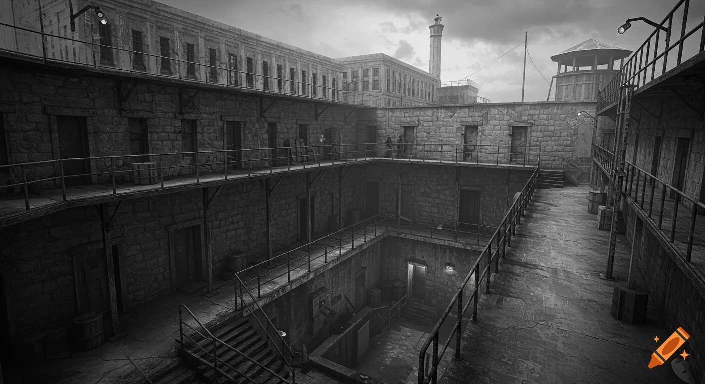 Black and white view of a multi-tiered stone prison courtyard with railings, stairs, and a distant watchtower under a cloudy sky.