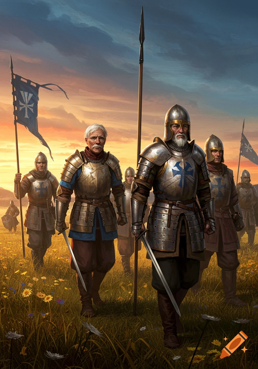 Armored knights march through a field of flowers at sunset, carrying swords, spears, and banners.