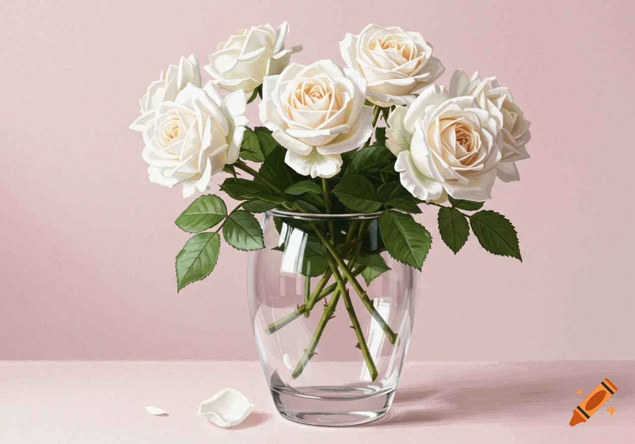White roses in a glass vase against a light pink background, with a fallen petal on the table.