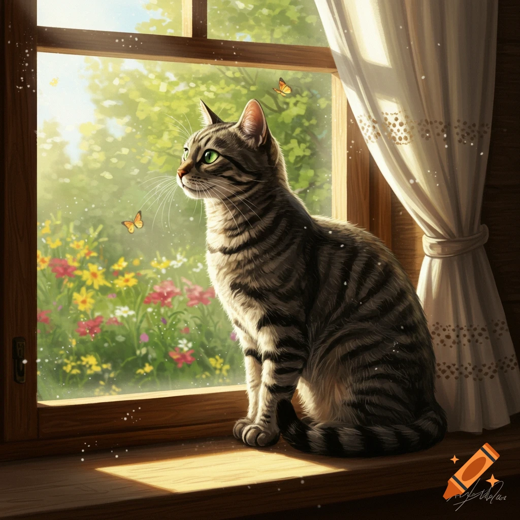 A tabby cat sits on a sunlit windowsill, gazing out at a vibrant garden with colorful flowers and butterflies.