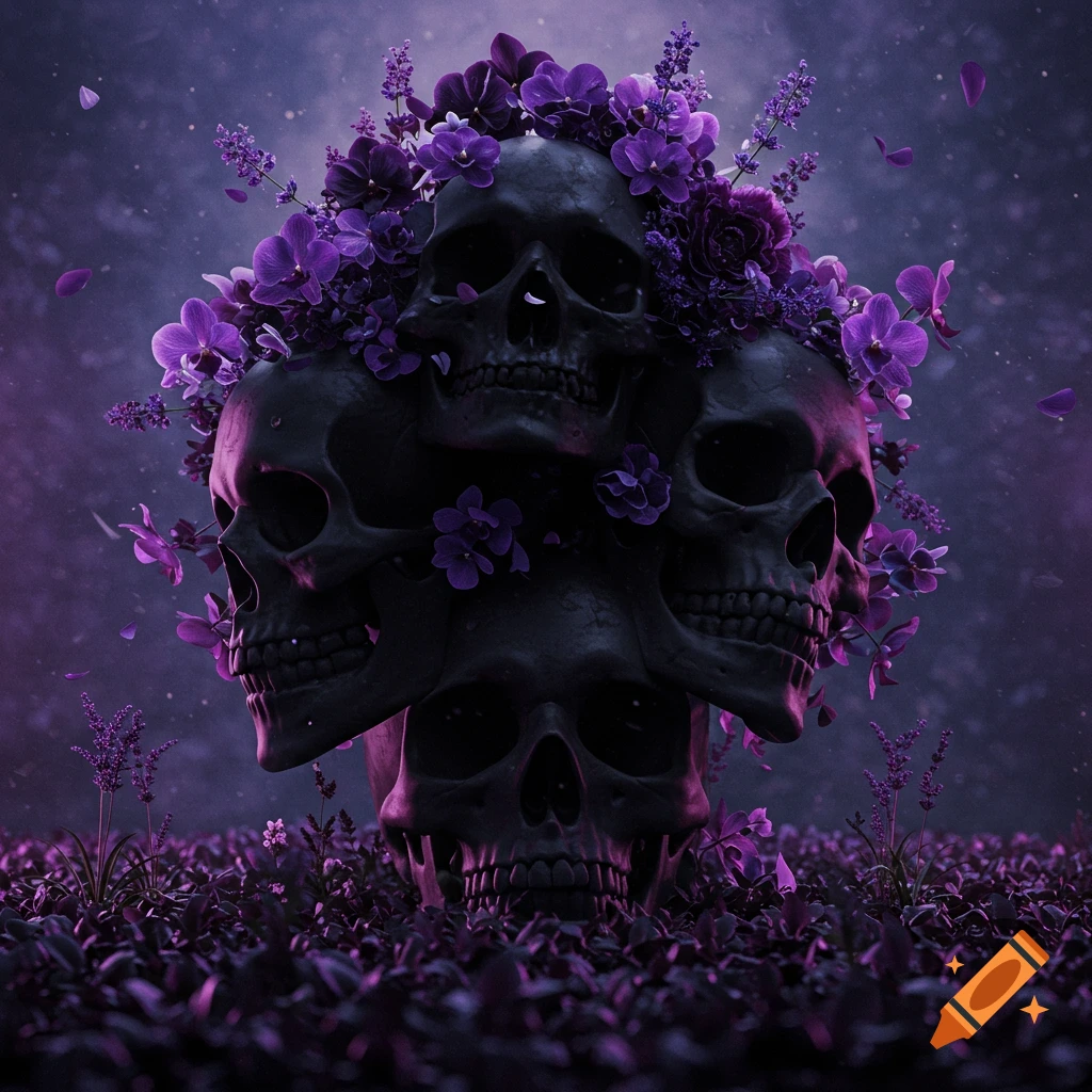 A stack of dark human skulls adorned with vibrant purple flowers and foliage, surrounded by purple plants in a mystical setting.