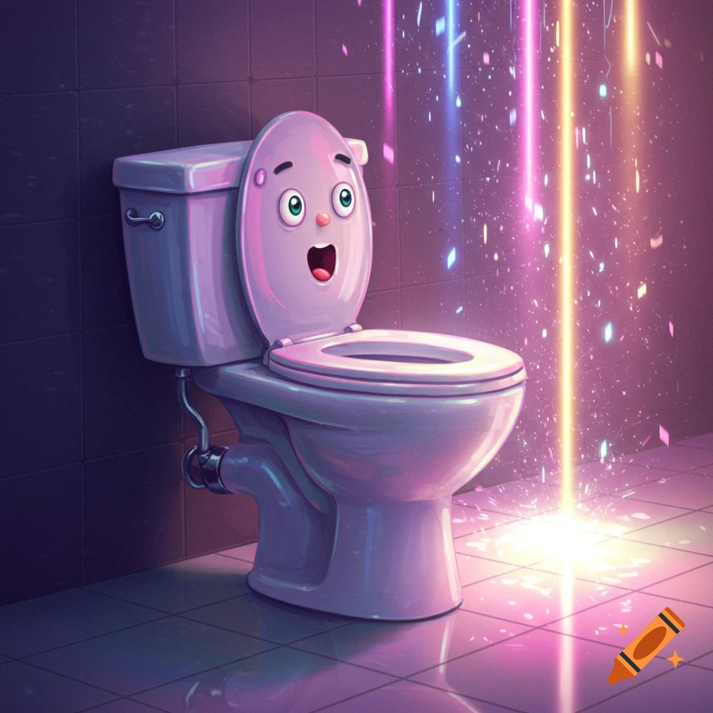 A cartoon toilet with a surprised face on the lid, emitting glowing pink and purple light beams in a tiled bathroom.