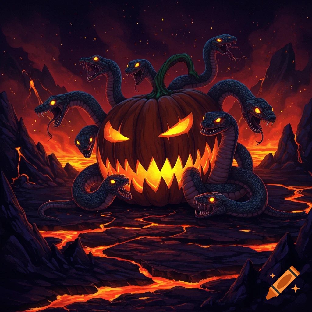 A menacing jack-o'-lantern with snake heads for tendrils in a lava-filled hellscape under a dark sky.