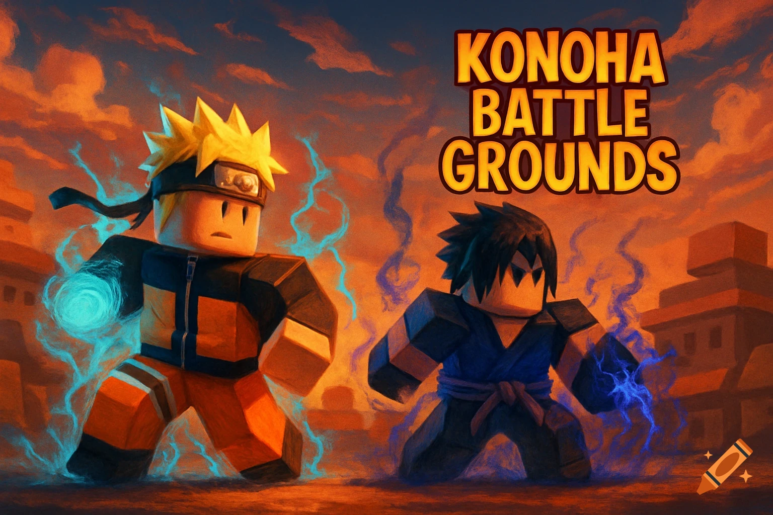 Roblox-style Naruto and Sasuke in action poses with blue aura, against an orange sky. Title 'KONOHA BATTLE GROUNDS'.