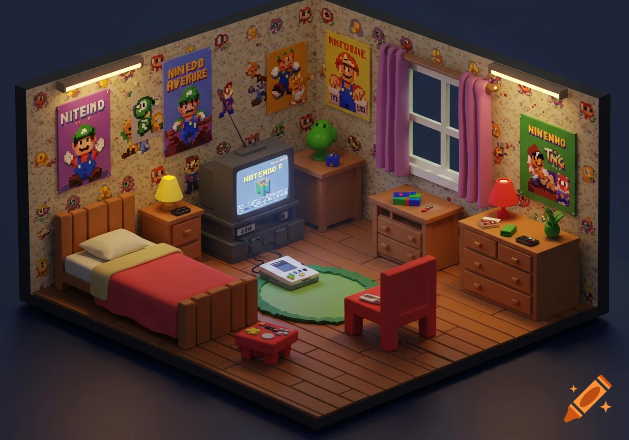 An isometric bedroom rendered in a blocky, low-poly style, reminiscent of a Nintendo 64 game. The room features a bed, TV with a game console, drawers, and posters depicting pixel art characters.