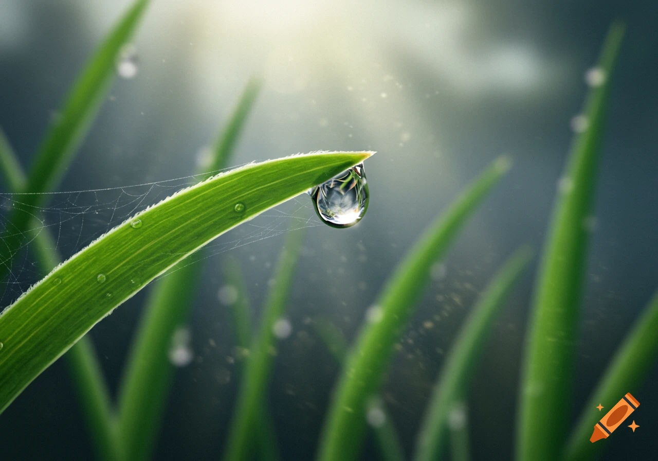 Close-up photorealistic image of a green blade of grass with a clear dewdrop and delicate spiderweb.