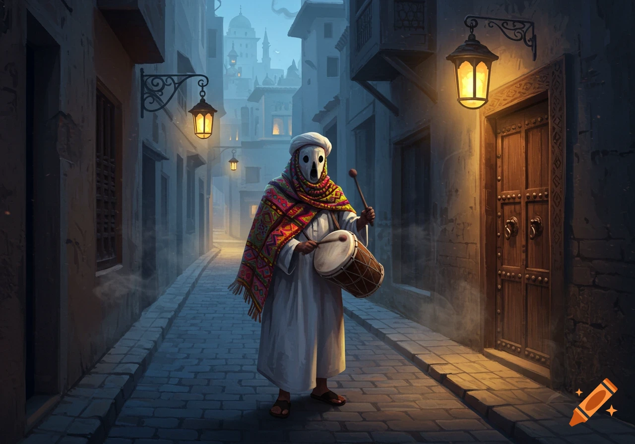 A masked figure in a white robe and colorful blanket plays a drum in a dimly lit alleyway at night, with buildings and lanterns.