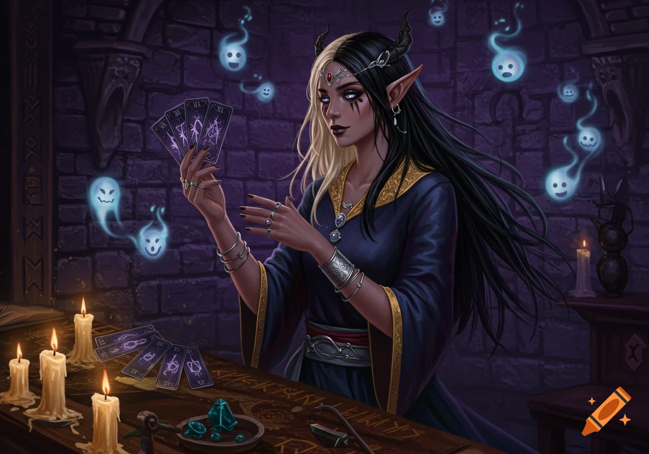 A fantasy character, a dark-skinned woman with elf ears and horns, holds tarot cards surrounded by blue spirits in a mystical room.