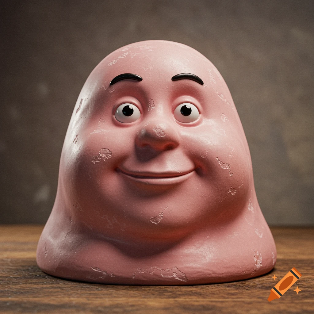 A smiling, pink, blob-like head resembling a damaged plaster cast, sits on a wooden surface.