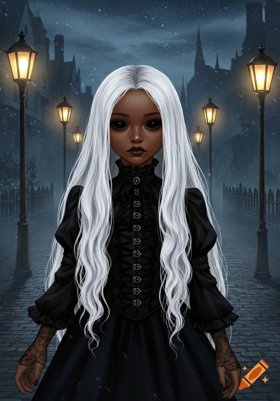 A dark-skinned girl with long white hair and black eyes in a gothic dress stands on a cobblestone street at night.