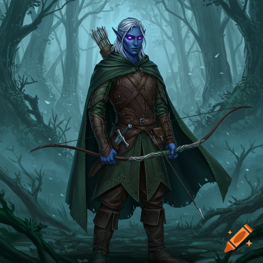 A white-haired Drow ranger with glowing purple eyes stands in a misty forest, holding a bow. Digital art.