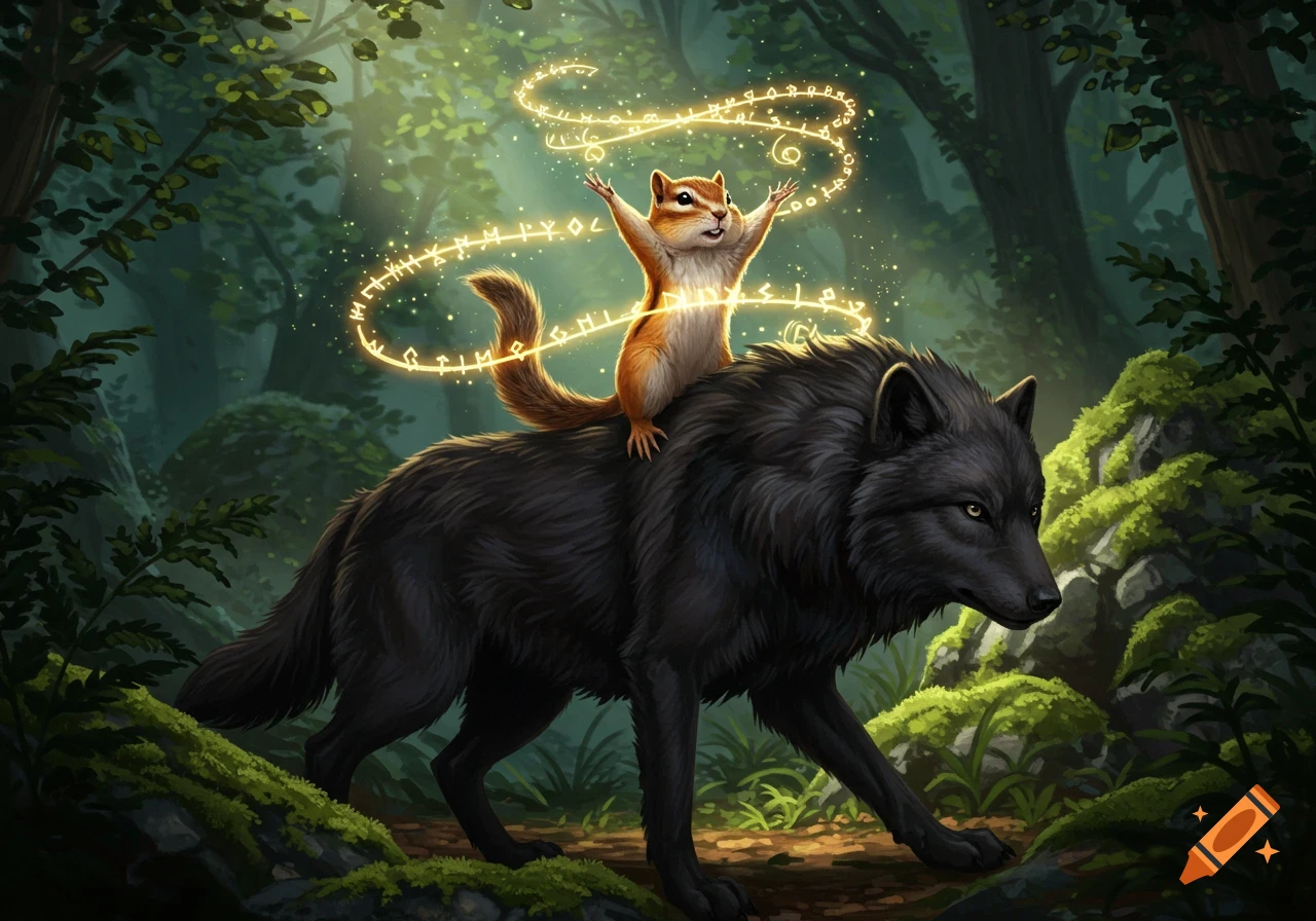 An auburn chipmunk with glowing runes floating around it rides on the back of a black wolf through a forest.