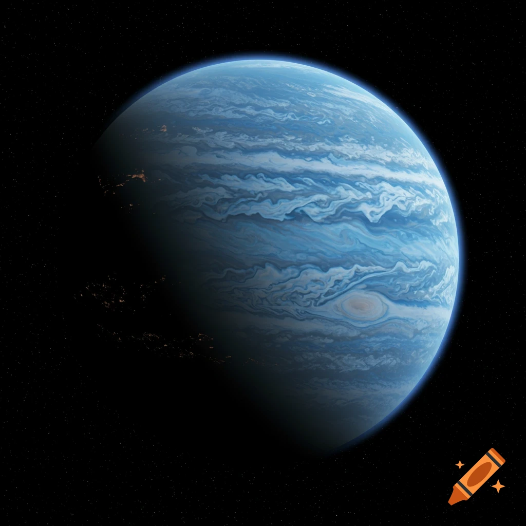 A blue gas giant planet with swirling clouds and faint lights on its dark side, set against a star-filled black background.