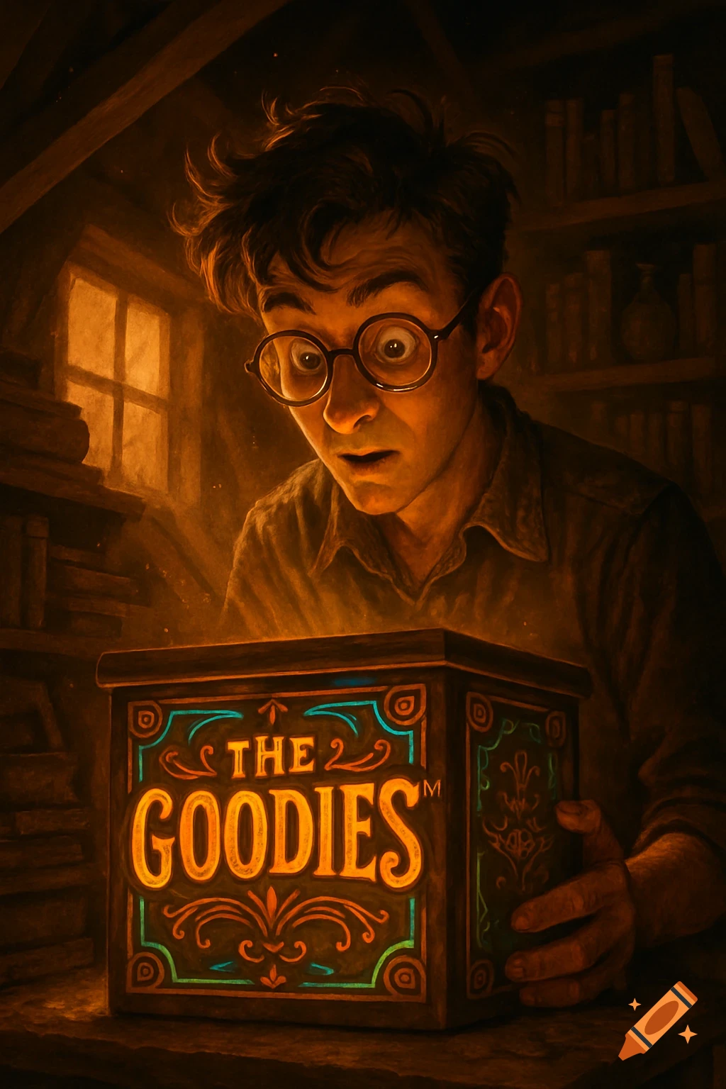 Nerdy young man with glasses gazes in awe at a glowing mystery box labeled 'THE GOODIES™' in a dim, attic-like room, rendered in a detailed illustration style.