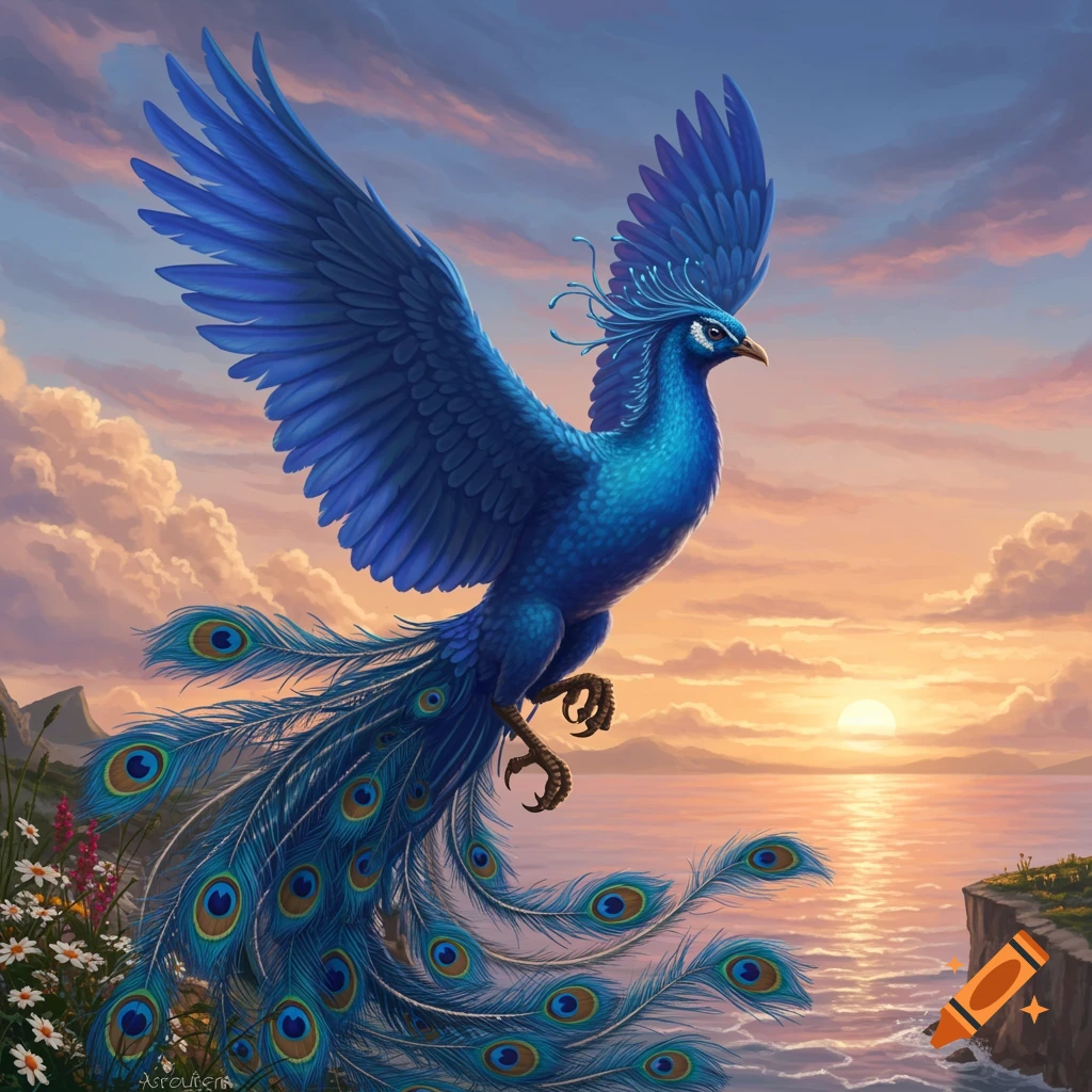 A vibrant blue phoenix with a long peacock feather tail flies over a calm sea at sunset, with cliffs and flowers in the foreground.