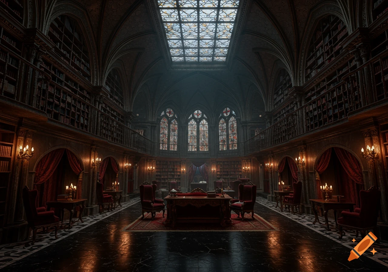 A grand, dark Gothic library with tall bookshelves, a large central desk, ornate red chairs, and stained glass windows under a skylight.